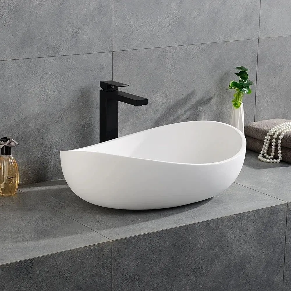 Oval, Stone Resin Bathroom Sink- Modern Art Sink- Matte White with Pop Up Drain (Glossy White) - Image 5