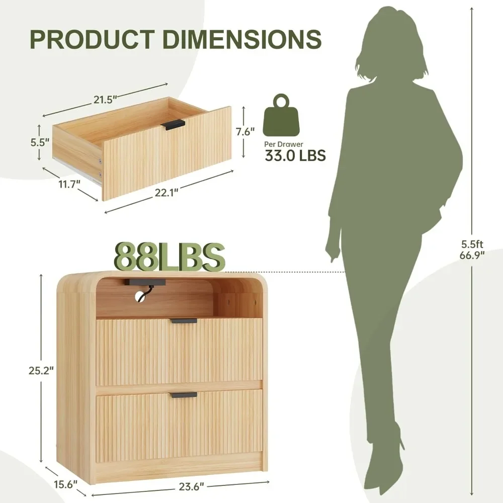 24" Fluted Nightstand/Side Table with Charging Station- 2 Drawers- Natural Oak, White, or Walnut - Image 2