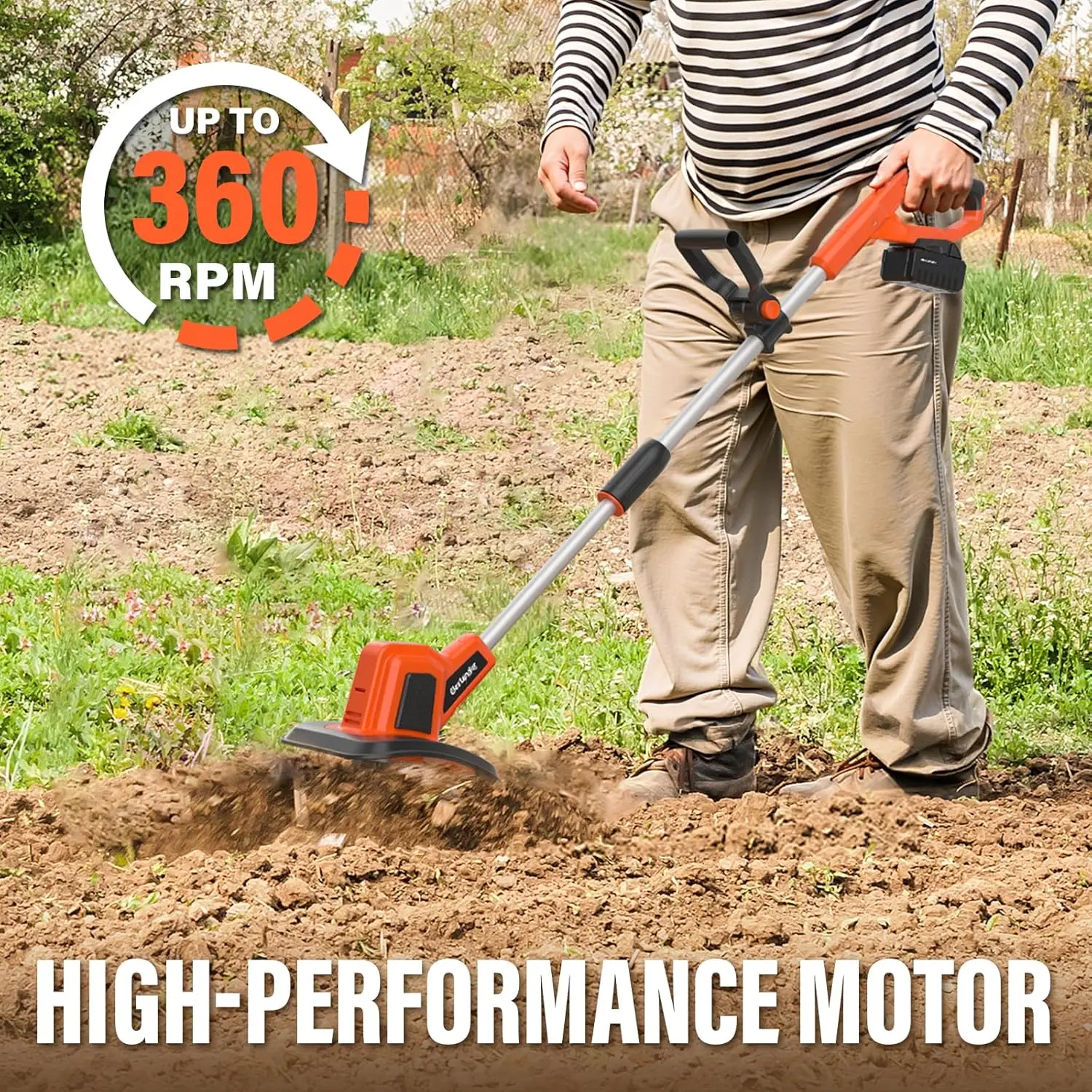 20V Cordless Tiller/ Cultivator- 9-Inch Electric Garden Tiller- 48 Steel Tines- 360 RPM- Battery-Powered Rototiller - Image 2