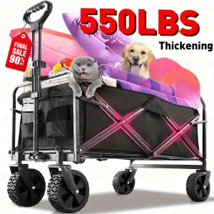 Collapsible, Folding Beach Cart- Large Capacity Foldable Wagon with All-Terrain Wheels, Grocery Wagon Cart