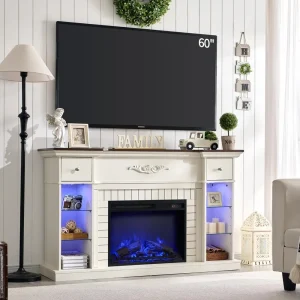 54" Farmhouse Electric Fireplace/ TV Stand- 60 Inch, 33" Tall LED Entertainment Center- 7- Colors- Open adjustable Shelves and Drawers