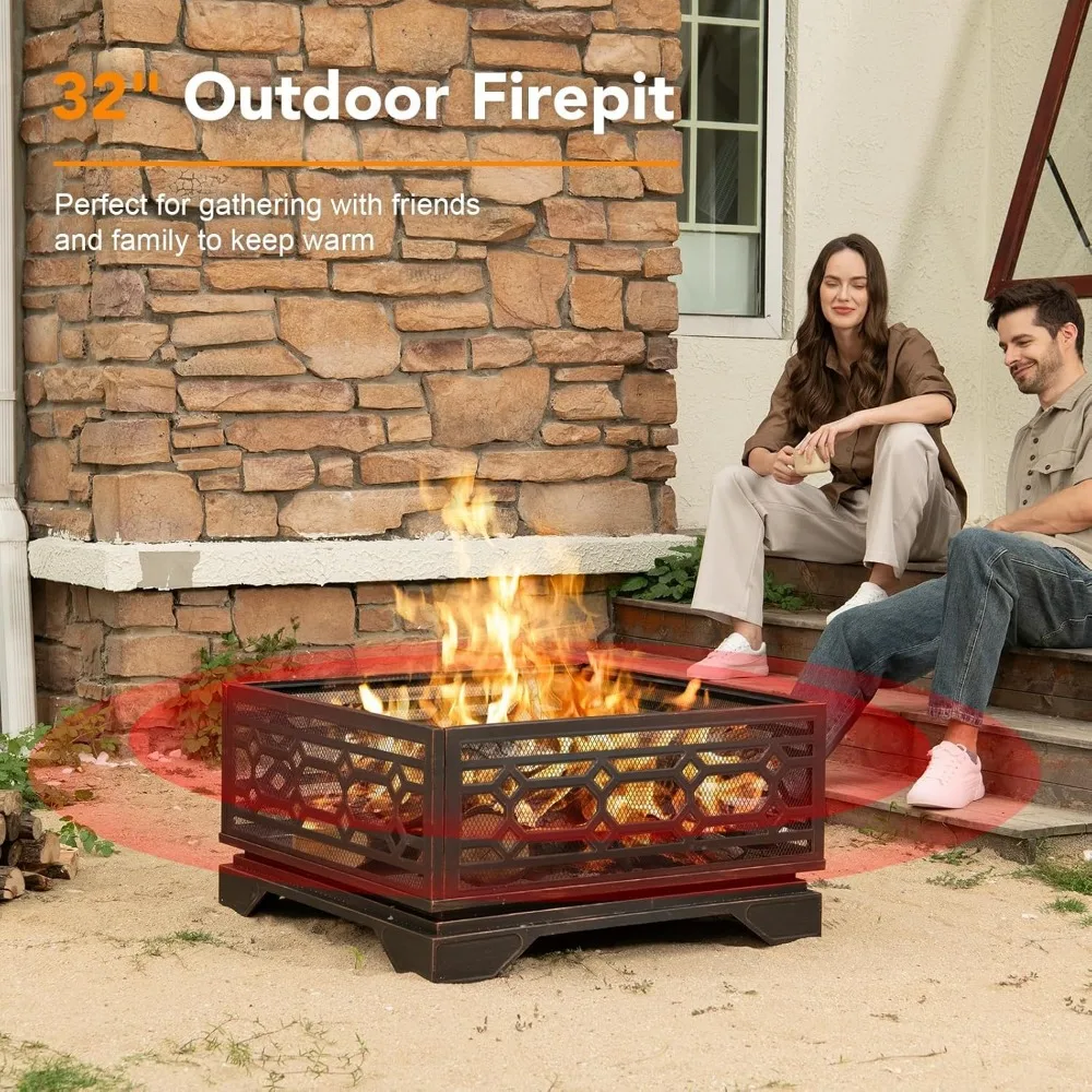 Outdoor Fire Pit- 32 Inch Wood Burning Fire Pit- Mesh Cover & Fire Poker- Large Extra-Deep Square Metal Fireplace - Image 2