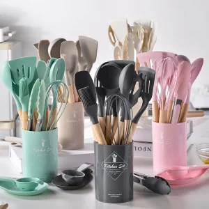12-PCS Food Grade Silicone Kitchen Cookware Utensils- 4 Colors- Great Gift