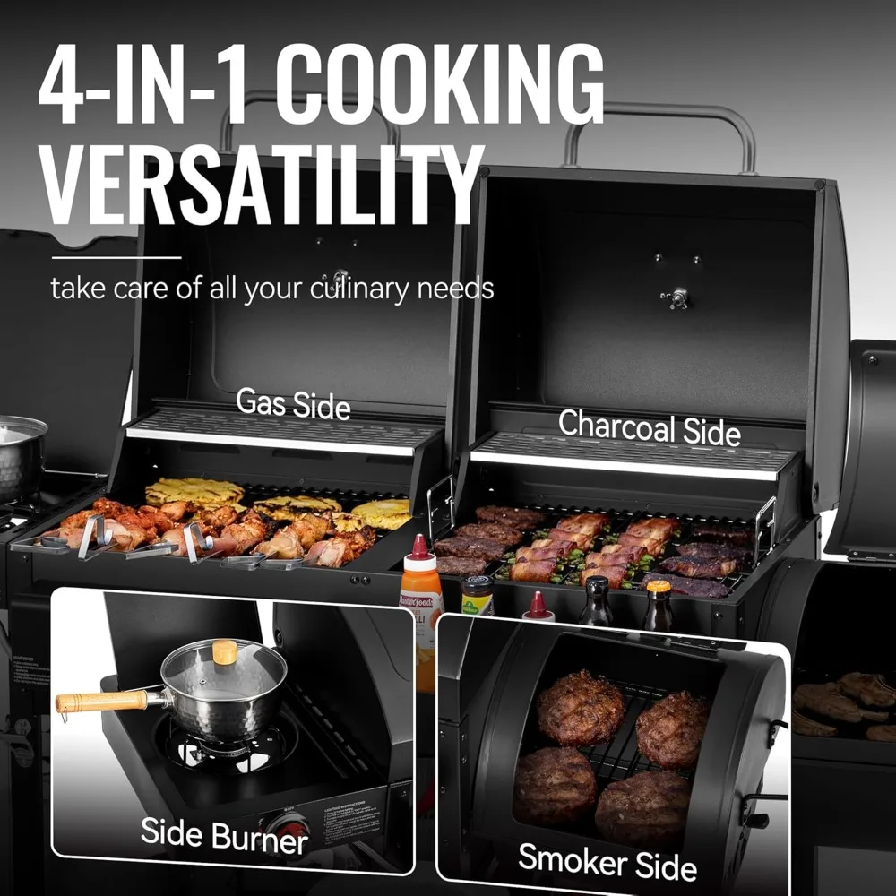 2-Burner Gas and Charcoal Combo Grill- Offset Smoker and Side Burner- 34,000 BTU Dual Fuel Grill- 1020 Sq. In. Cooking Area - Image 4