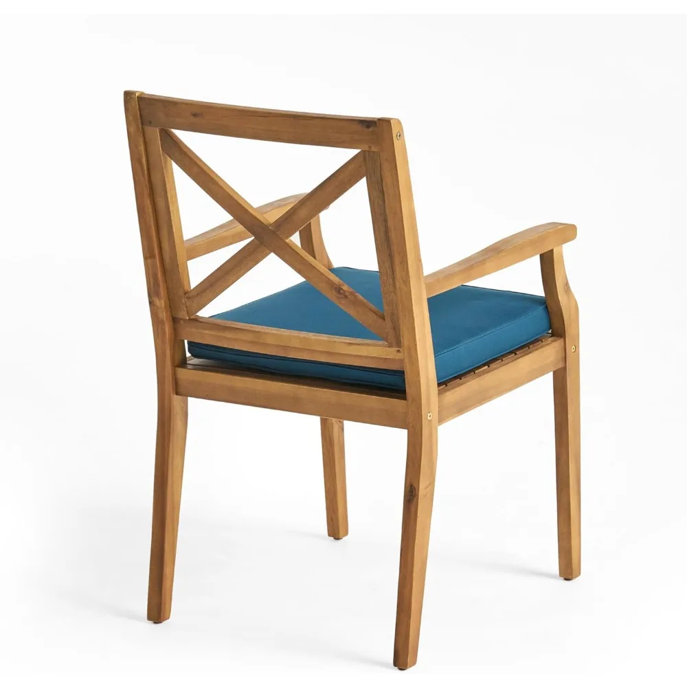 Set of 2- Outdoor Dining Chairs- All-Weather Accent Chairs with Arms and Blue Cushions - Image 4