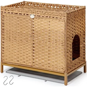 Large Indoor Cat Litter Box Enclosure- Furniture with Handwoven Rattan Design- Integrated Mat- Elevated Metal Feet for Stability
