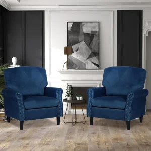 Blue Accent Chairs for Living Room- Set of 2- Upholstered Armchairs- Comfy Velvet Chairs w/Wood Legs & Nailhead Trim