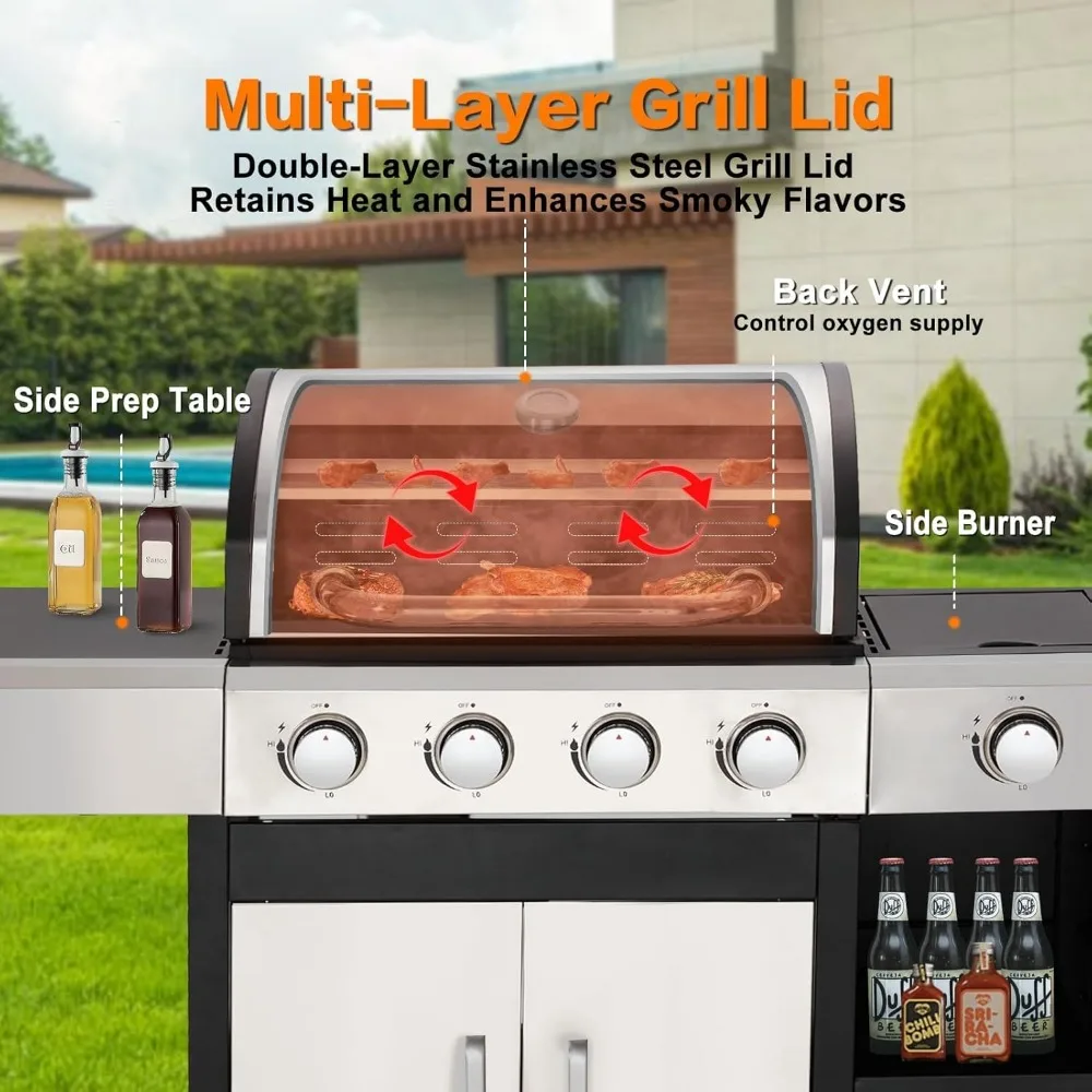 4-Burner Propane Gas Grill with Side Burner & Cabinet - 49,000 BTU- Stainless Steel BBQ Grill- Porcelain-Enameled Cast Iron Grate - Image 5