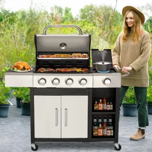 4-Burner Propane Gas Grill with Side Burner & Cabinet - 49,000 BTU- Stainless Steel BBQ Grill- Porcelain-Enameled Cast Iron Grate