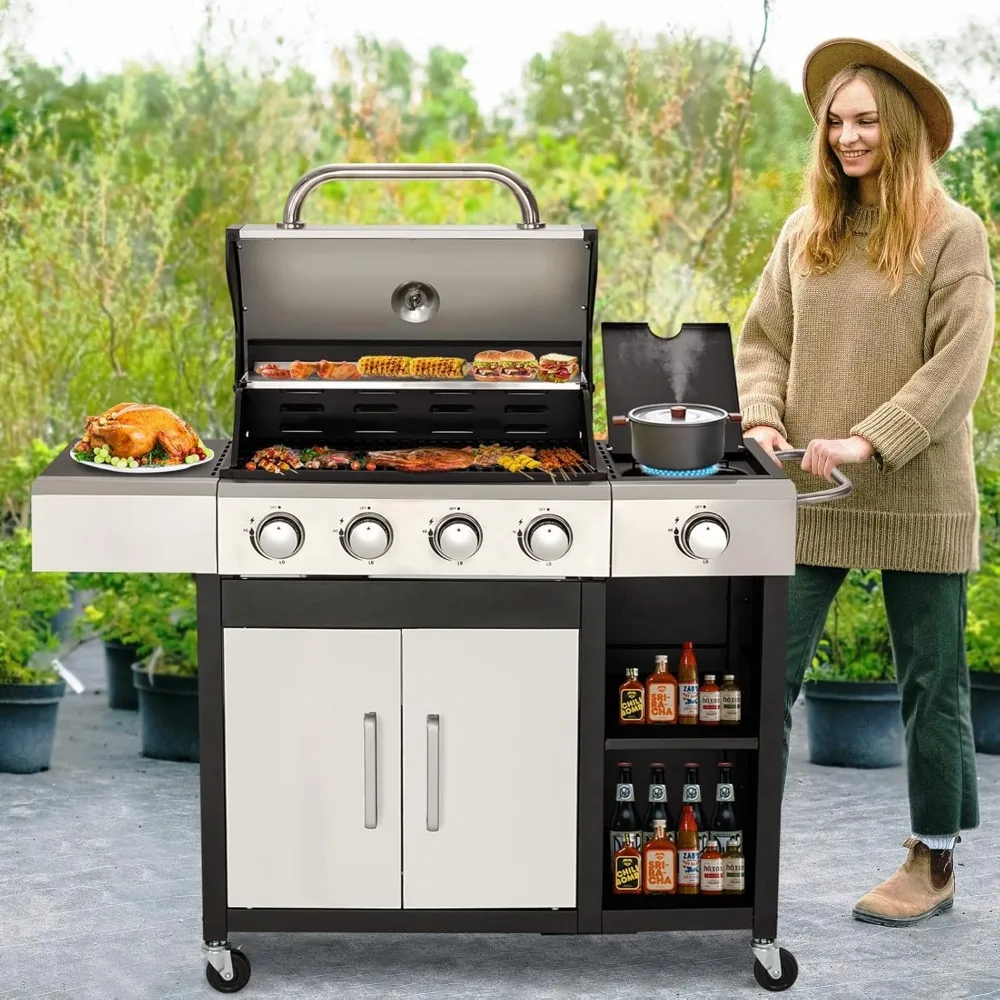 4-Burner Propane Gas Grill with Side Burner & Cabinet - 49,000 BTU- Stainless Steel BBQ Grill- Porcelain-Enameled Cast Iron Grate