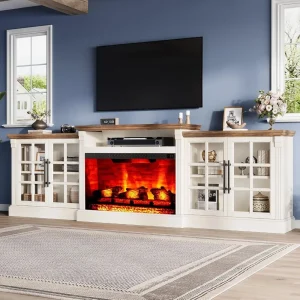 97" Farmhouse TV Stand with 33" Fireplace for TVs up to 100", Media Entertainment Center with Large Storage Cabinet and Adjustab