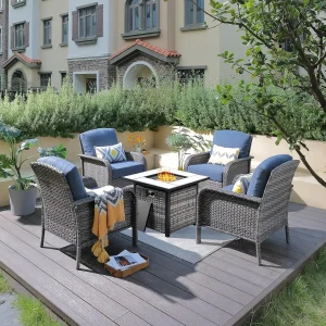 5-Piece- Patio Furniture Set with 30" Fire Pit Table- 4 All-Weather High Back Rattan Chairs (multiple color choices)