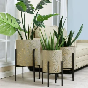 Indoor/Outdoor Planters- Set of 3 Floor Plant Pots with Stands- Decorative Metal Flower Pots