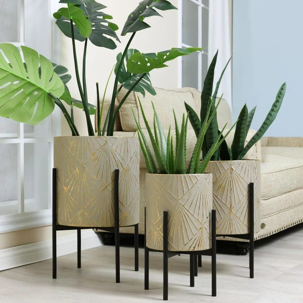 Indoor/Outdoor Planters- Set of 3 Floor Plant Pots with Stands- Decorative Metal Flower Pots