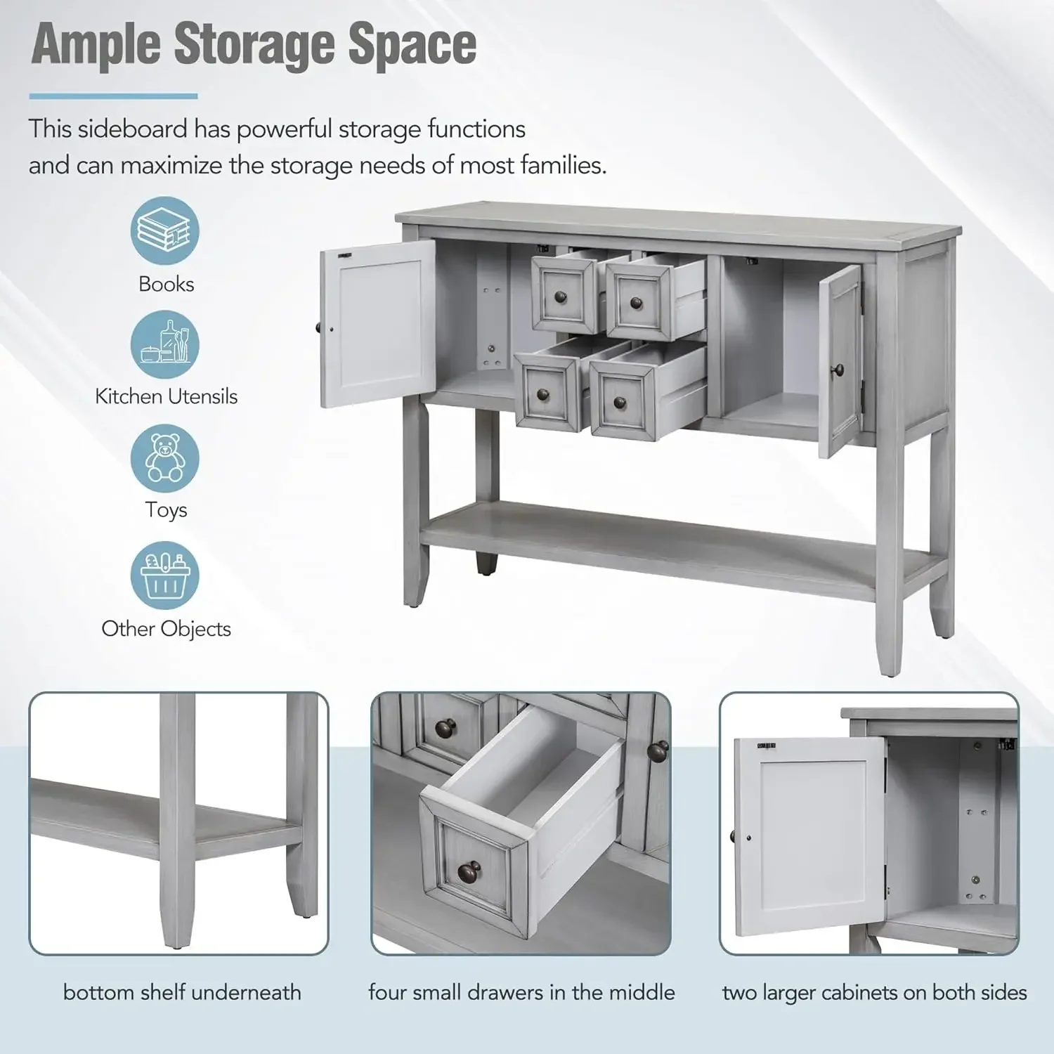 Console/Sofa Table- Buffet Sideboard- 4 Storage Drawers- 2 Cabinets and Bottom Shelf - Image 5