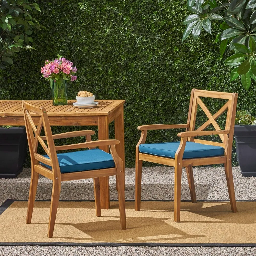 Set of 2- Outdoor Dining Chairs- All-Weather Accent Chairs with Arms and Blue Cushions