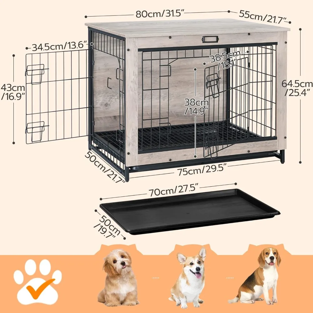Dog Crate Furniture- 32.5" Medium Dog Indoor Kennel- Wooden Cage with Pull-Out Tray- Double Doors - Image 4