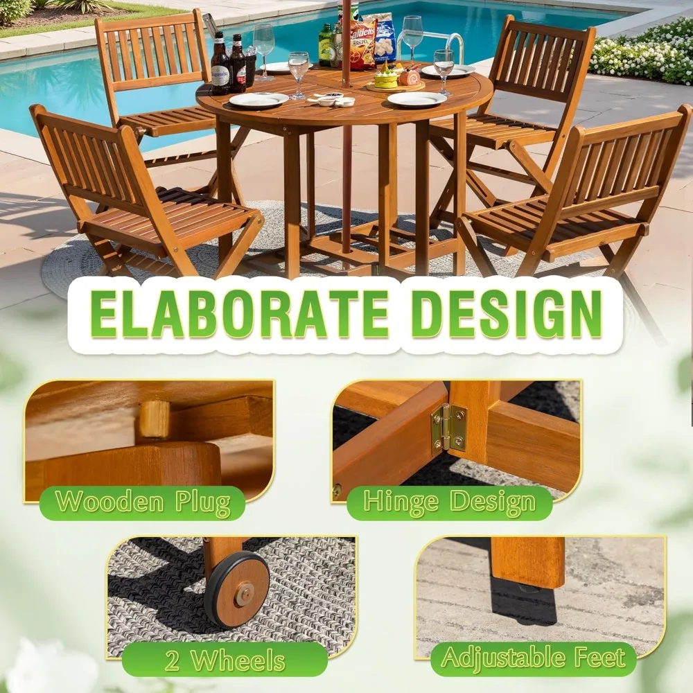 5-Piece Patio Dining Set- Acacia Wood Furniture- All-Weather Folding Round Table and Chairs for Backyard, Balcony, Porch, - Image 4