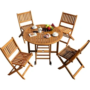 5-Piece Patio Dining Set- Acacia Wood Furniture- All-Weather Folding Round Table and Chairs for Backyard, Balcony, Porch,