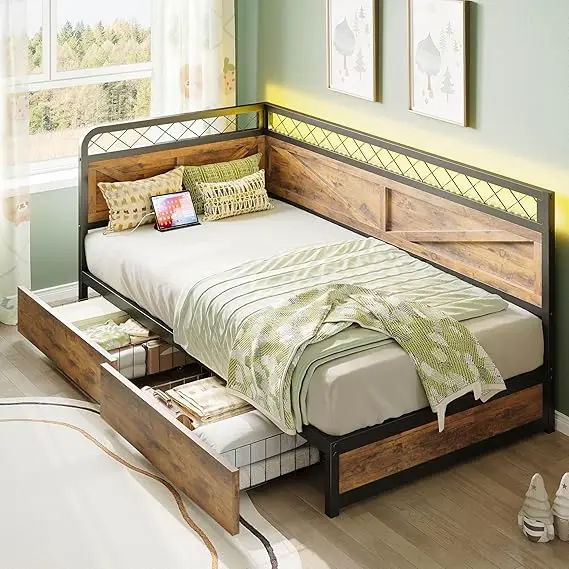 Twin Daybed/Corner Bed Frame- LED lights and charging station- Under-Bed Storage Drawer - Image 7