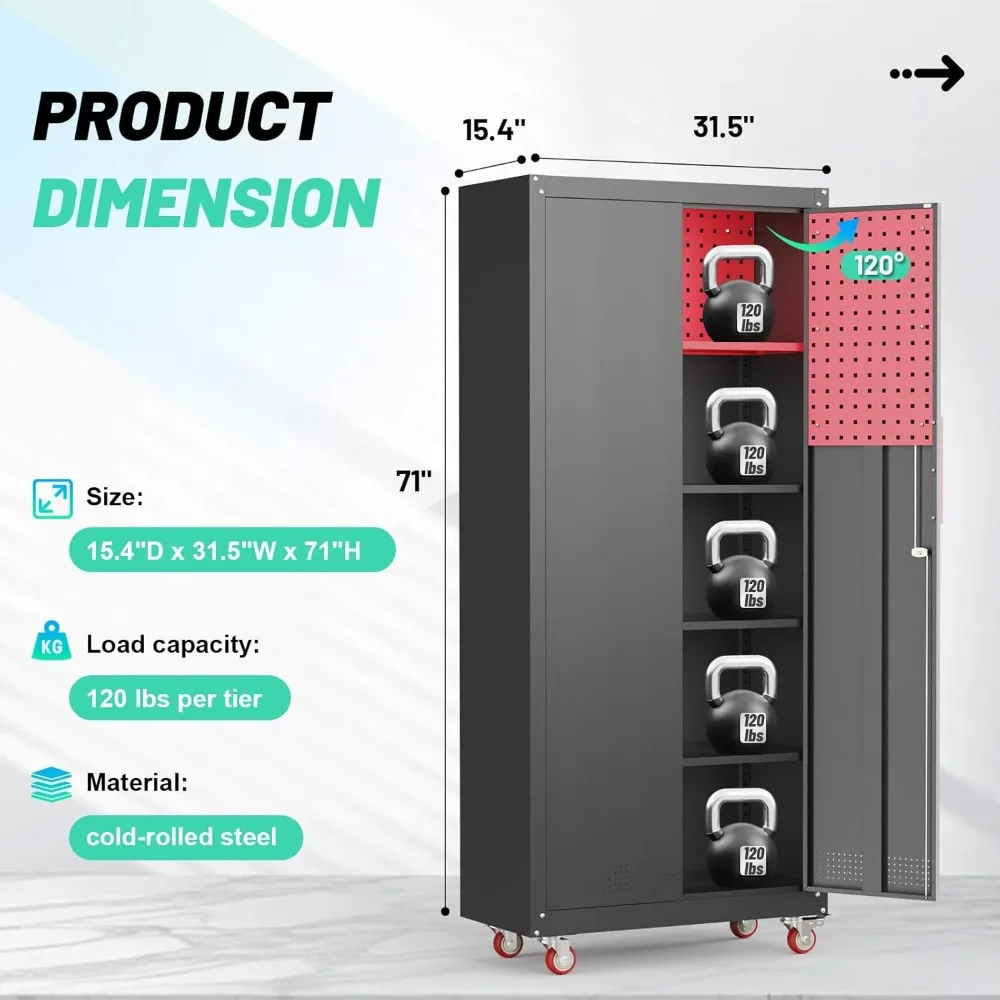 71" Metal Garage Storage Cabinet- Wheels- 5 Adjustable Shelves- Lockable - Image 3