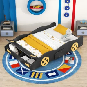 Full-Size Race Car-Shaped Platform Bed with Wheels and Storage- Black+Yellow
