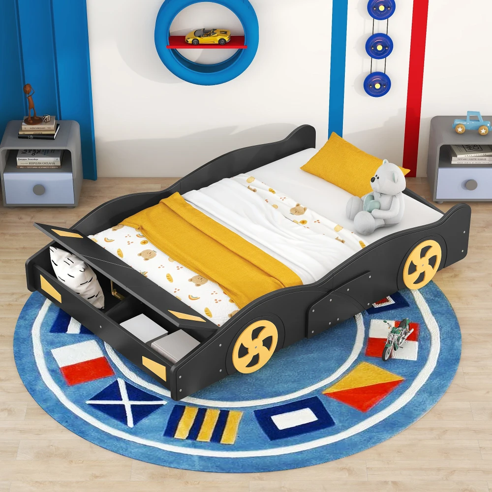Full-Size Race Car-Shaped Platform Bed with Wheels and Storage- Black+Yellow