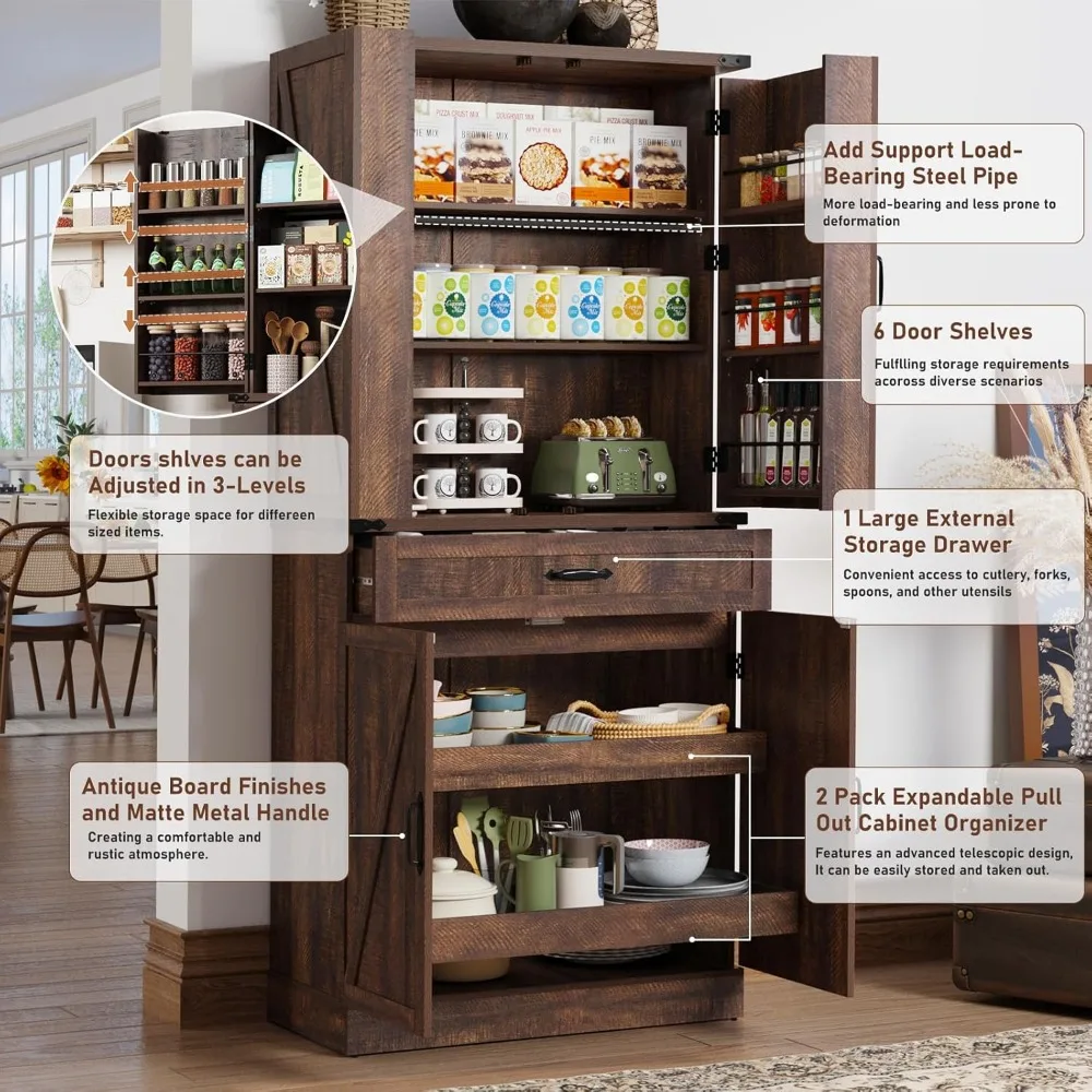 71"- Tall Kitchen Pantry/ Cabinet with 3 Drawers- Farmhouse Style with 6 Barn Door Shelves - Image 4