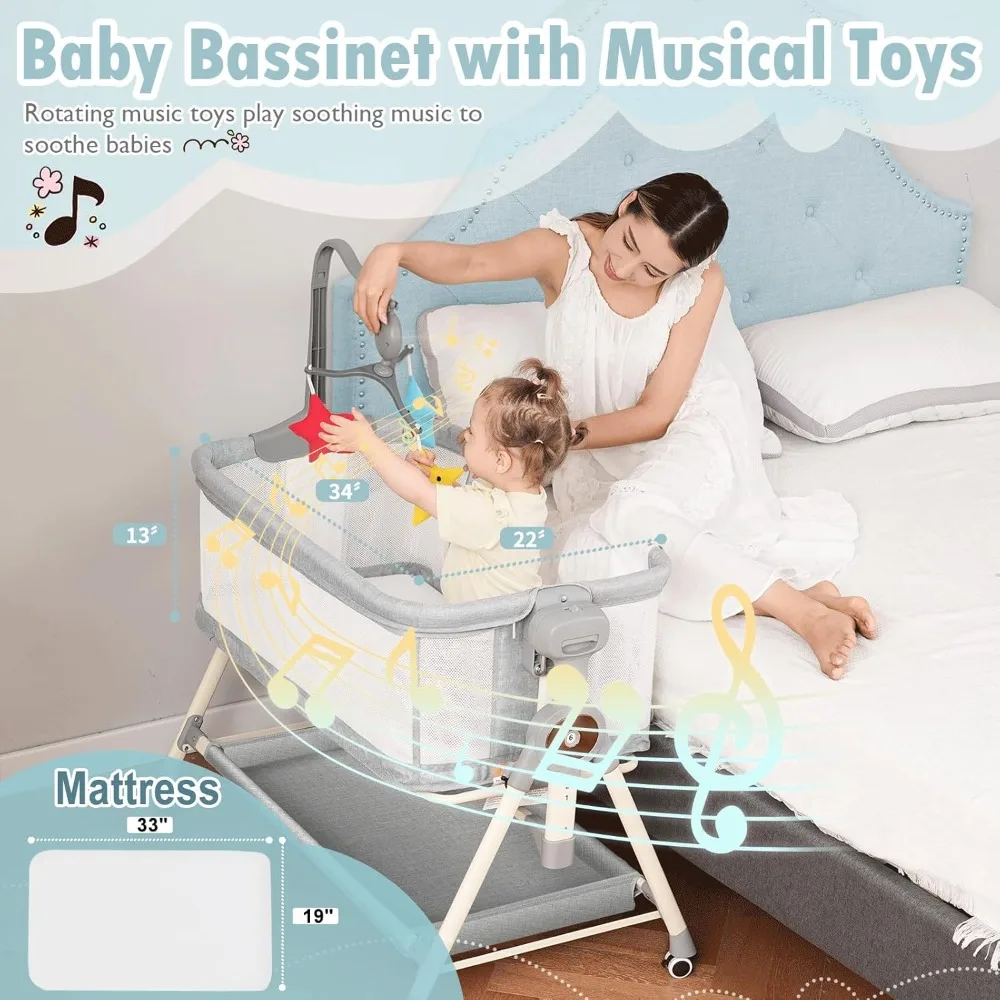 Grey 3-in-1 Baby Rocking Bassinet w/Musical Toys- Bedside Bassinet for Baby w/Storage Basket and Wheels- Adjustable Bedside Crib - Image 3