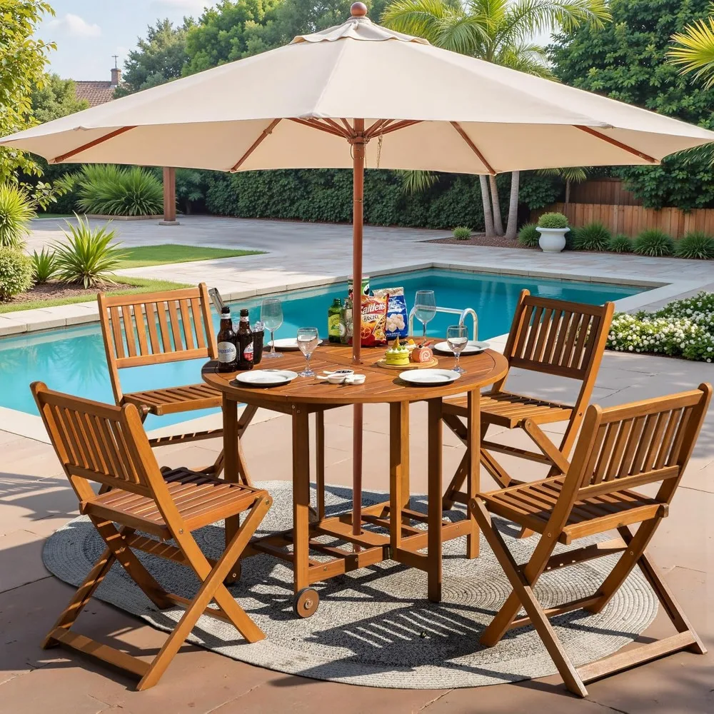 5-Piece Patio Dining Set- Acacia Wood Furniture- All-Weather Folding Round Table and Chairs for Backyard, Balcony, Porch, - Image 6