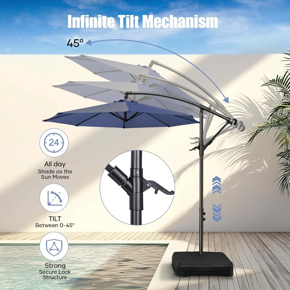 10-ft Offset Patio Umbrella with Base- Cantilever Market Umbrella UPF50+ UV Protection - Image 4