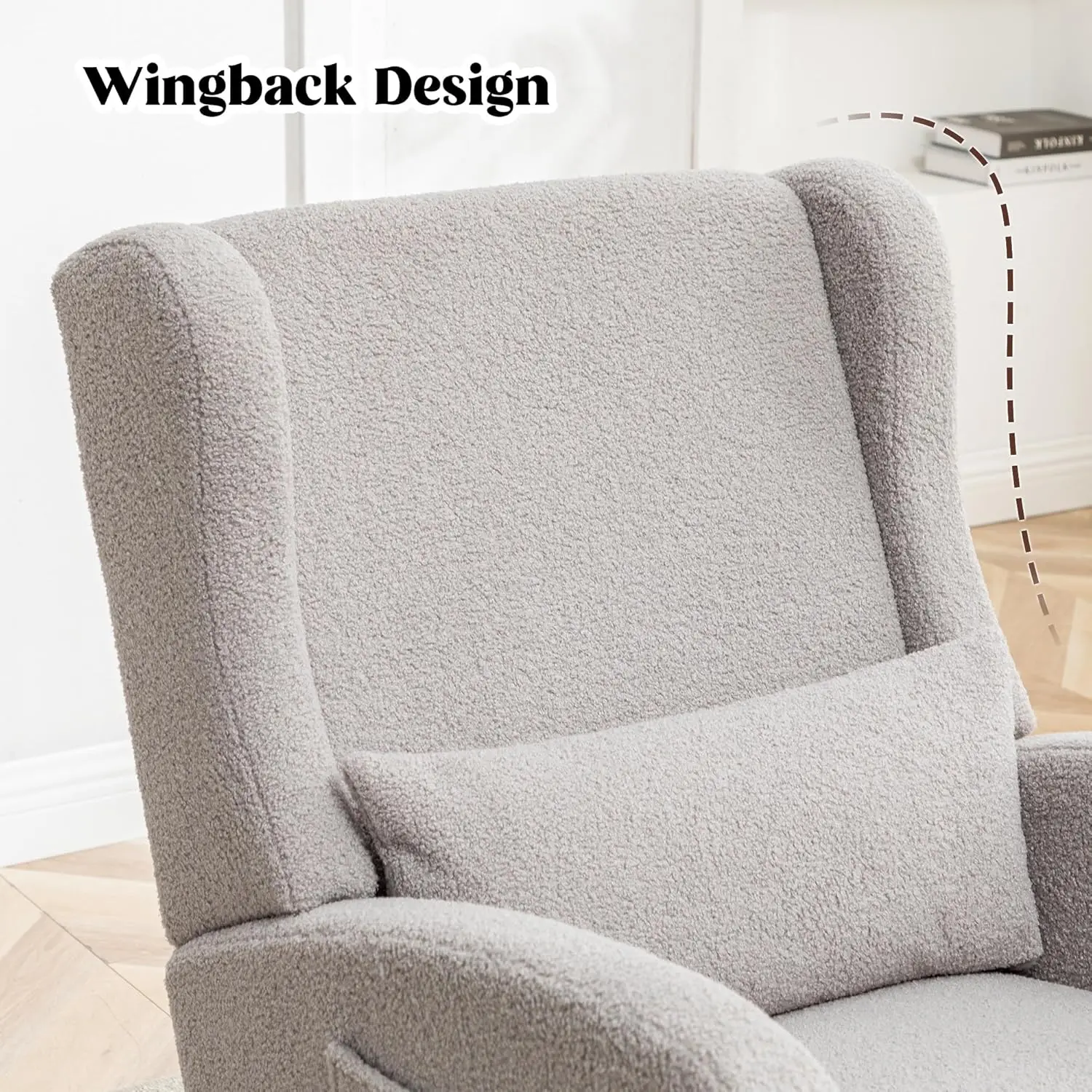 Nursery Wingback Rocking Chair- Footrest- Teddy Fabric- Nursing Glider/ Rocker Chair with Pillow and High Back - Image 7