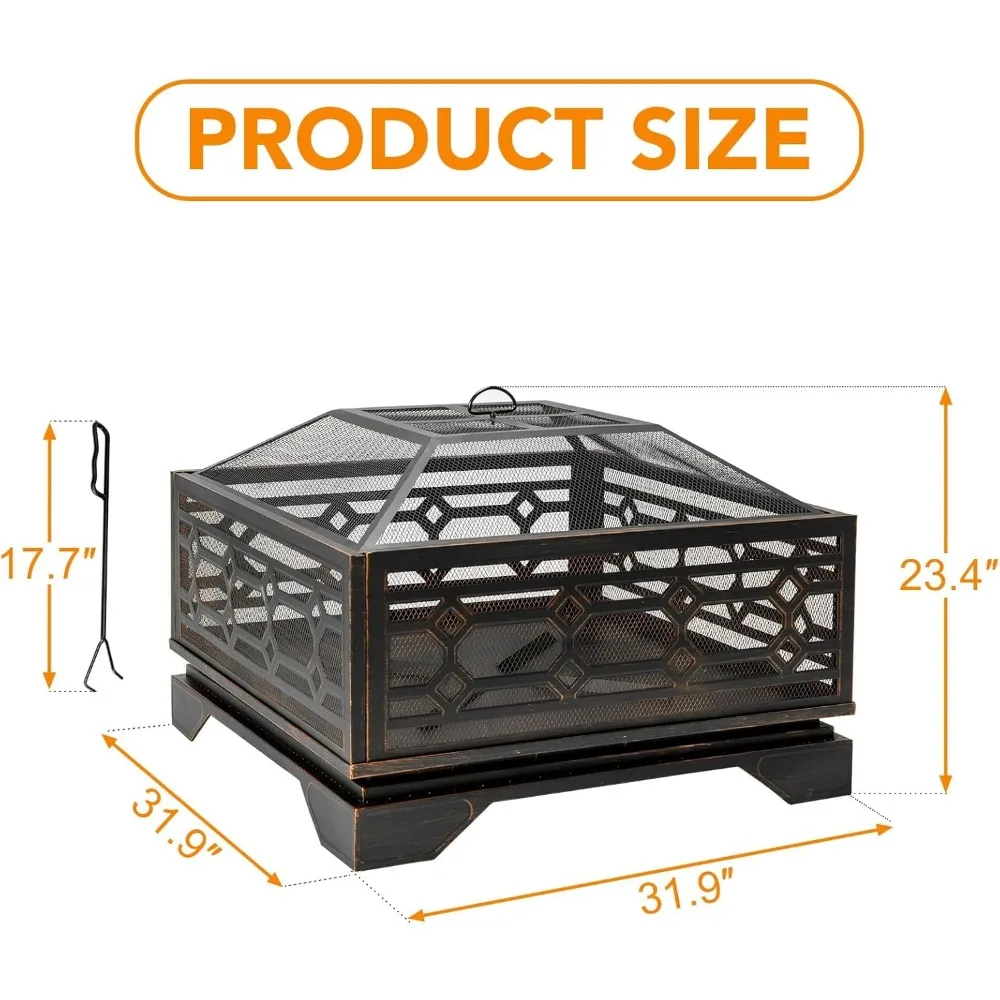 Outdoor Fire Pit- 32 Inch Wood Burning Fire Pit- Mesh Cover & Fire Poker- Large Extra-Deep Square Metal Fireplace - Image 5