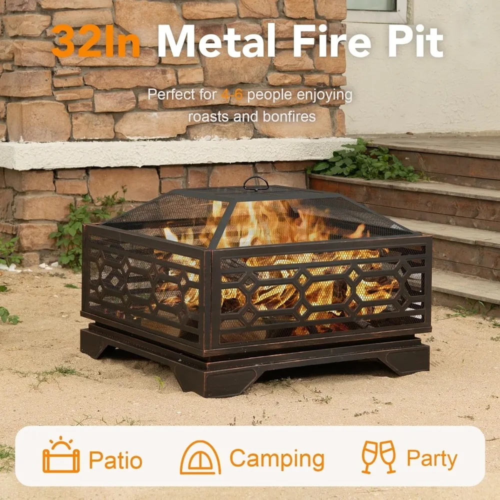 Outdoor Fire Pit- 32 Inch Wood Burning Fire Pit- Mesh Cover & Fire Poker- Large Extra-Deep Square Metal Fireplace - Image 3