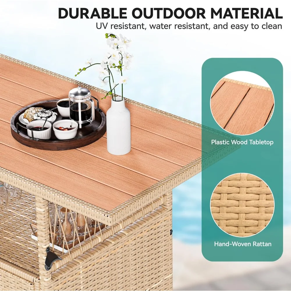 XL Outdoor Storage Cabinet- Patio Wicker Bar Table w/Plastic Wood Tabletop- Wine Glass Holders- Light Brown- High Quality - Image 2
