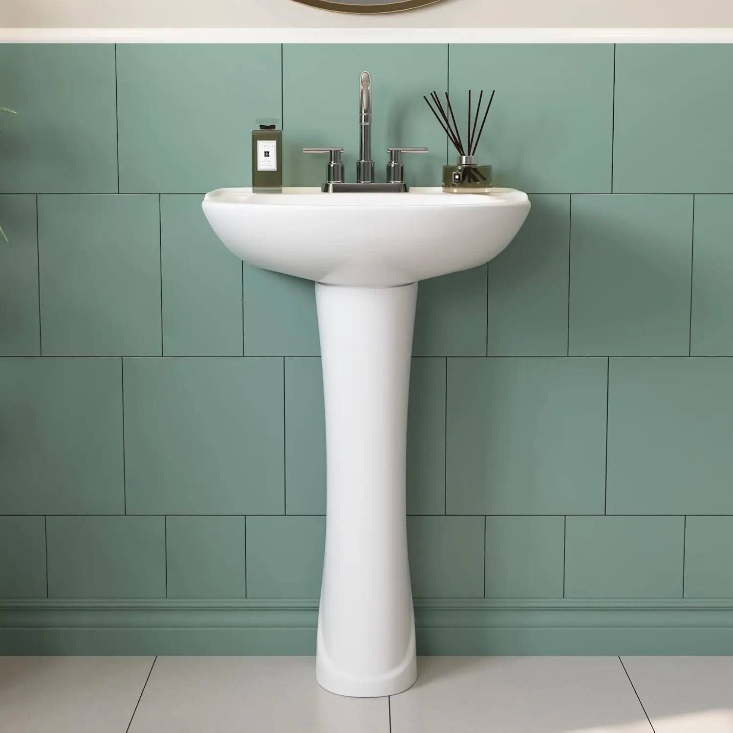 20" X 17" Modern U-Shape White Ceramic Pedestal Bathroom Sink With Three Faucet Holes - Image 7
