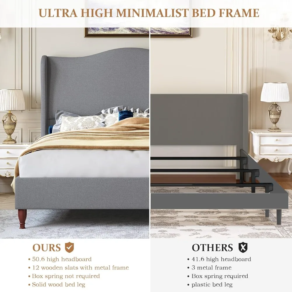 Full-Size Bed Frame- Upholstered Platform Bed- 51" Tall Wingback Headboard- Soft Fabric- 3 Colors - Image 3