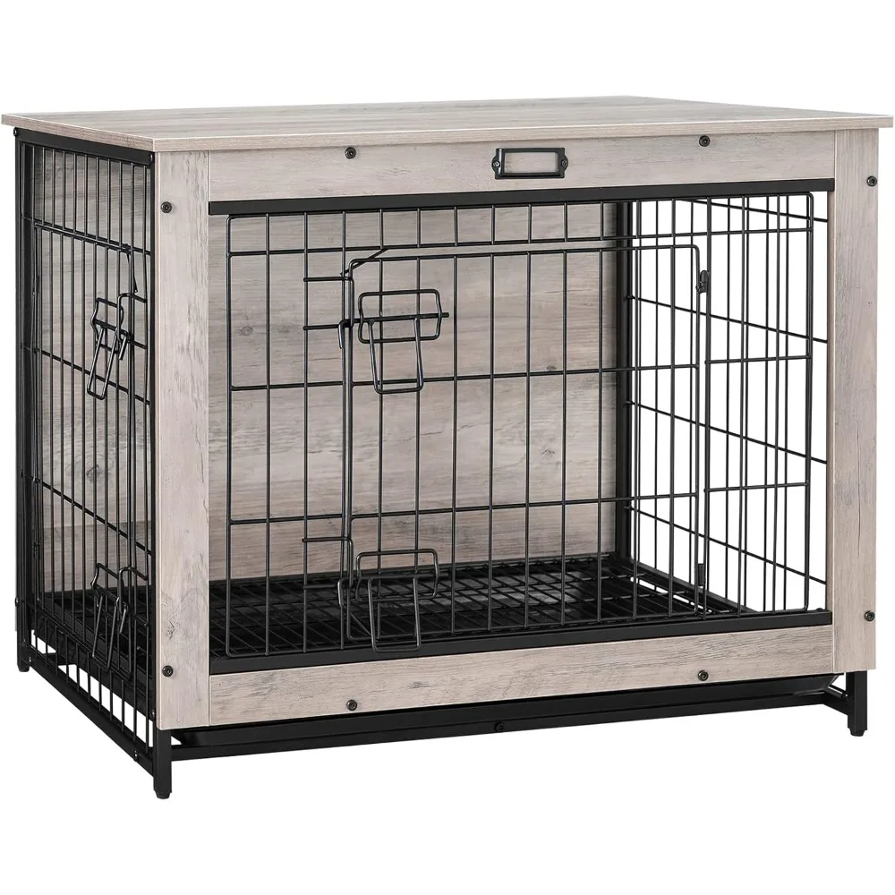 Dog Crate Furniture- 32.5" Medium Dog Indoor Kennel- Wooden Cage with Pull-Out Tray- Double Doors