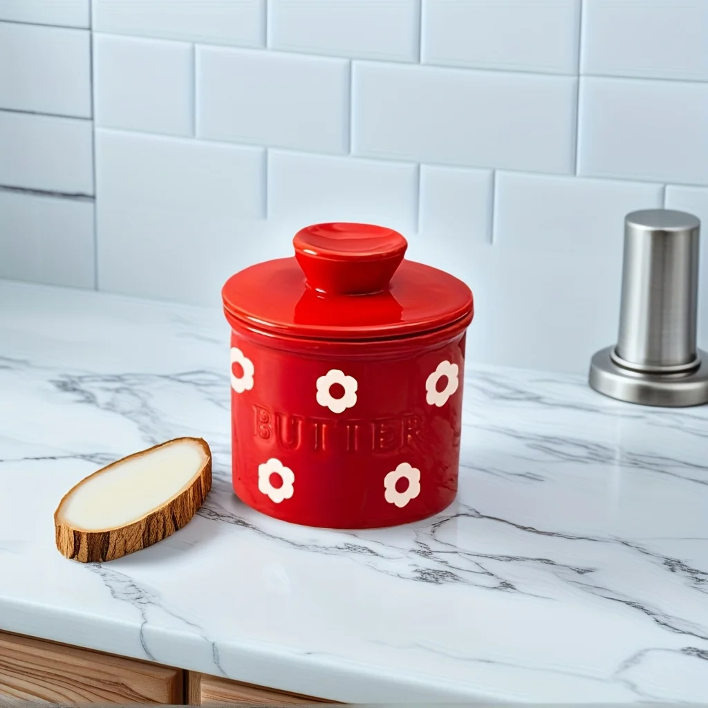 1-pc Covered Butter Dish- Flower-Patterned Ceramic French Butter Dish - Image 5