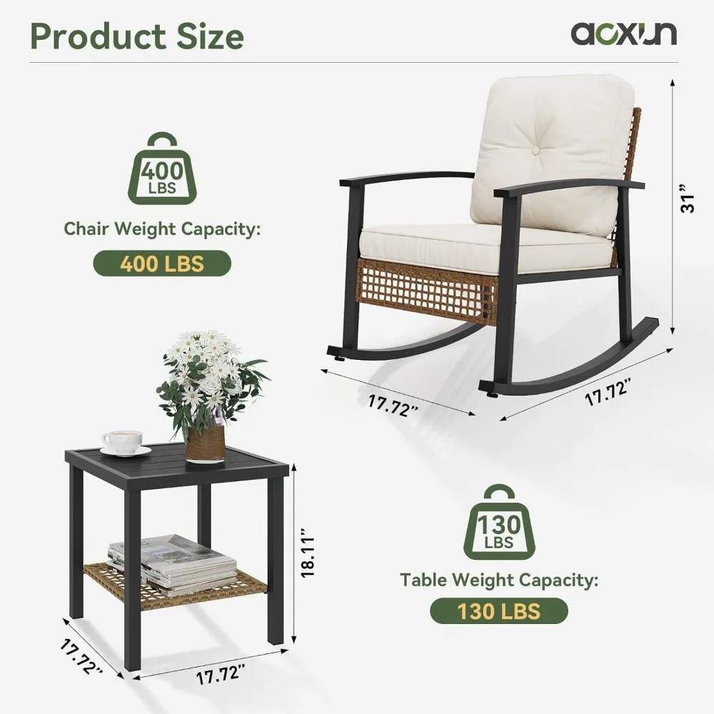 3-Piece Rocking Bistro Set- Patio Furniture- Coffee Table- Thick Cushions- Wicker Rocking Chairs- Set of 2 - Image 6