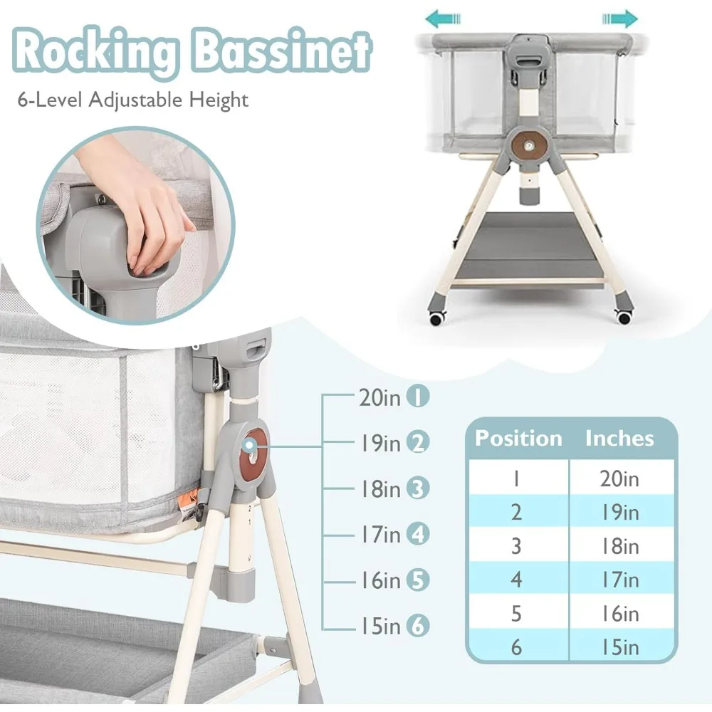 Grey 3-in-1 Baby Rocking Bassinet w/Musical Toys- Bedside Bassinet for Baby w/Storage Basket and Wheels- Adjustable Bedside Crib - Image 6