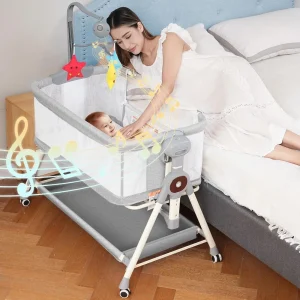 Grey 3-in-1 Baby Rocking Bassinet w/Musical Toys- Bedside Bassinet for Baby w/Storage Basket and Wheels- Adjustable Bedside Crib