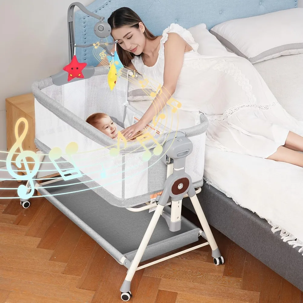 Grey 3-in-1 Baby Rocking Bassinet w/Musical Toys- Bedside Bassinet for Baby w/Storage Basket and Wheels- Adjustable Bedside Crib