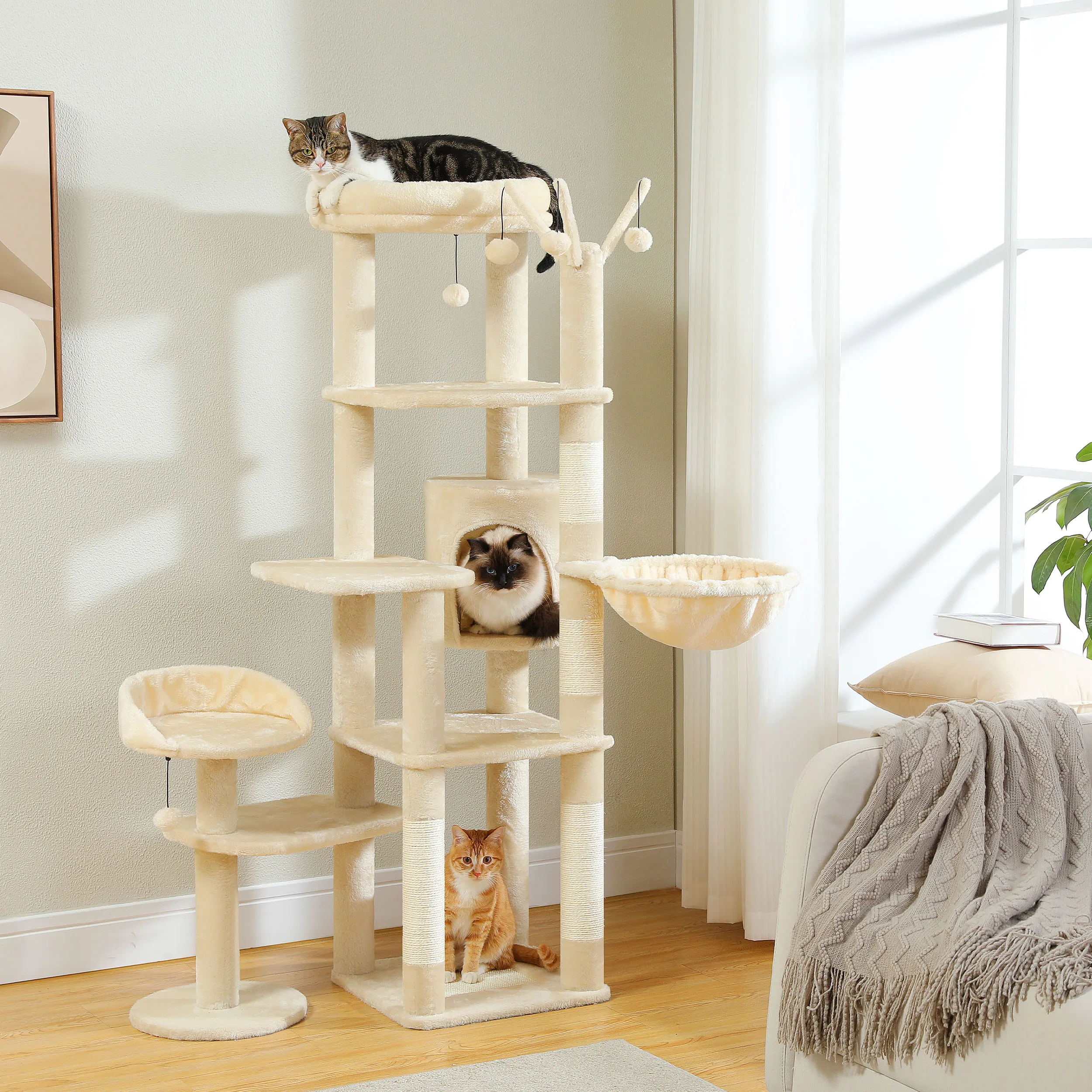 Multi-Level Cat Tower for Indoor Cats. Cat Condo with Large Hammock, Scratching Post, and Perches.