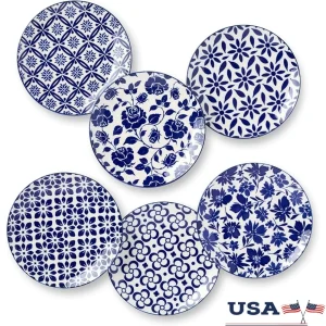 Set of 6 Porcelain Plates- 6 Inch Blue and White- Microwave and Dishwasher Safe
