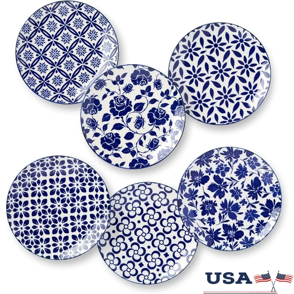 Set of 6 Porcelain Plates- 6 Inch Blue and White- Microwave and Dishwasher Safe