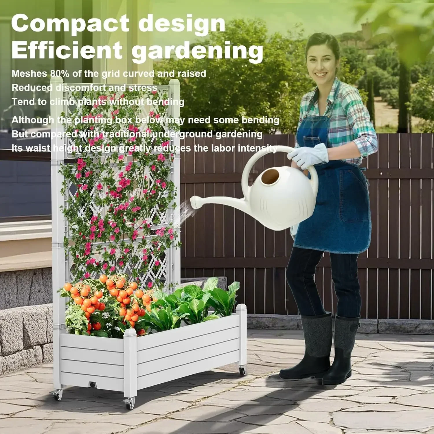 Elevated Garden Bed with Trellis - 43.43" x 18.27" x 64.29" Resin Planter Box w/Stand- Drain Plug & Water Monitor - Image 6