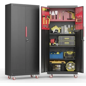 71" Metal Garage Storage Cabinet- Wheels- 5 Adjustable Shelves- Lockable