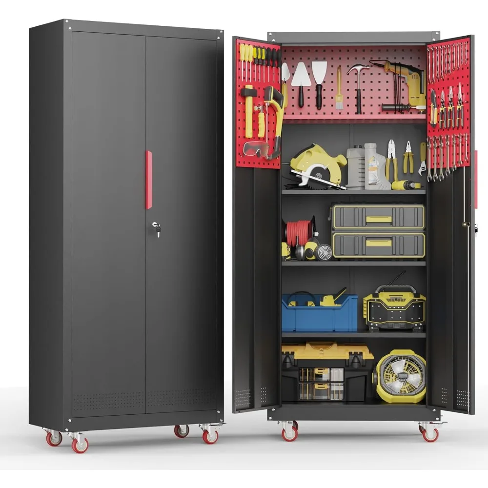 71" Metal Garage Storage Cabinet- Wheels- 5 Adjustable Shelves- Lockable