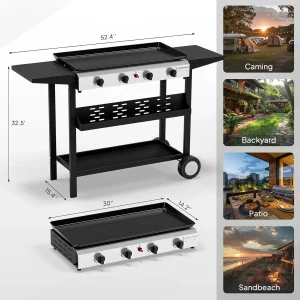 4-Burner Portable Propane Griddle- Nonstick Enameled Tray- 40000 BTU Rolling Flat Top Gas Grill- Electronic Ignition